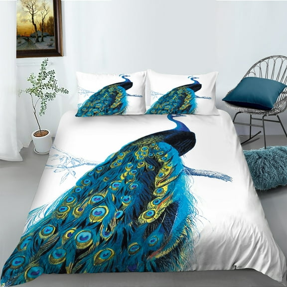 YJHDM Peacock Bedding Set 3D Animal Down Duvet Cover Pillowcase 2/3 Pieces White Soft Quilt Cover