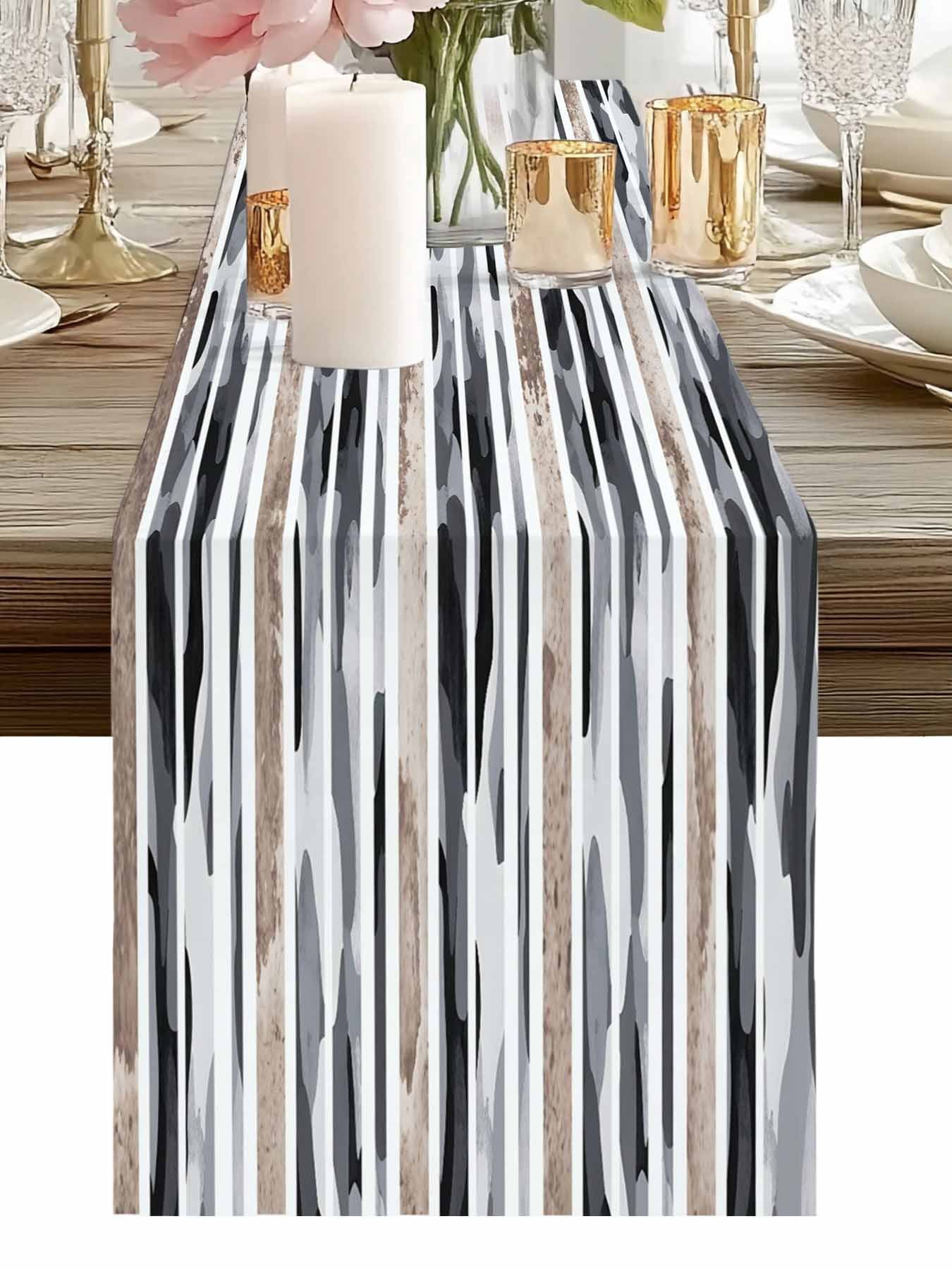Gray Gradient Camo Table Runner, Abstract Mottled Stripe Vintage Washable Cotton-linen Table Runners Dining Kitchen Decoration for Everyday Home Wedding Party Decor, 13 x 90 Inch