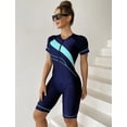 thumbnail image 4 of Womens Short Sleeve Swim Bodysuits One Piece Athletic Training Swimwear Knee Length Zip Front Rash Guard UV Sun Protection Floral Printed Beach Bodysuit Surfsuit Built in Bra, 4 of 6