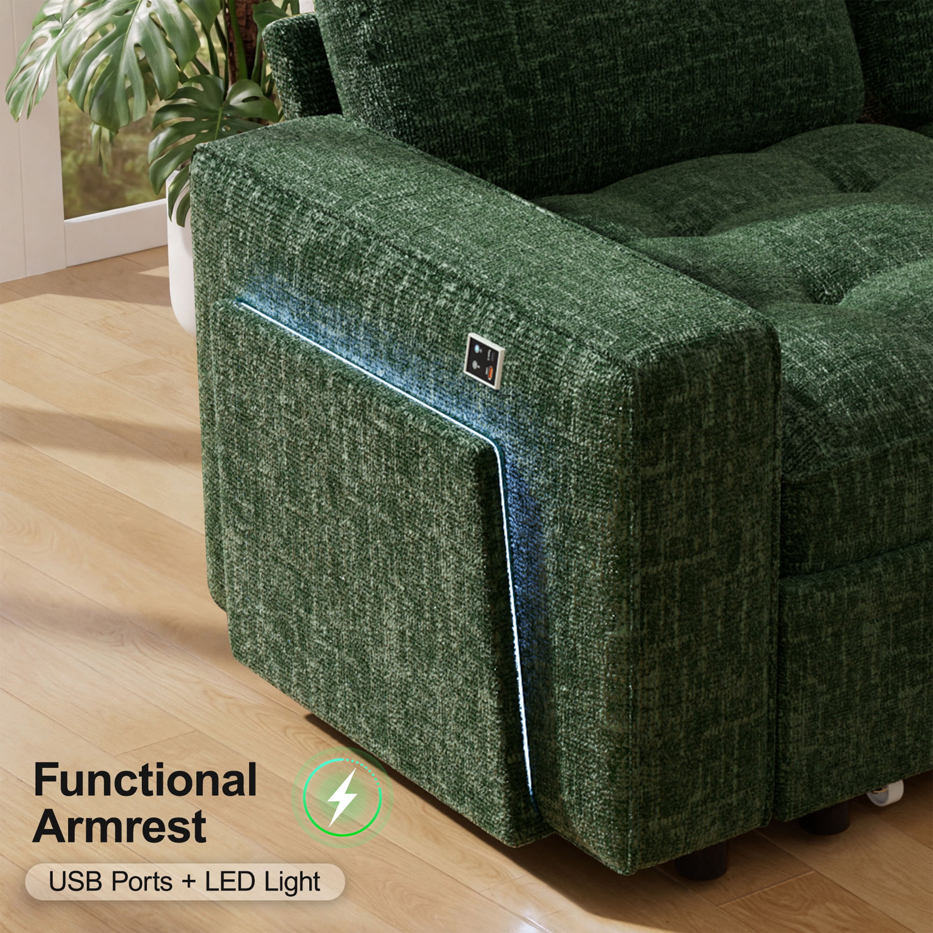 7-Seat Modular Sectional Sofa with Pull-Out Bed, Reclining Backrest, USB Ports, Table, LED Lights & Storage Seats – Tool-Free Assembly, Comfortable Living Room Furniture Green
