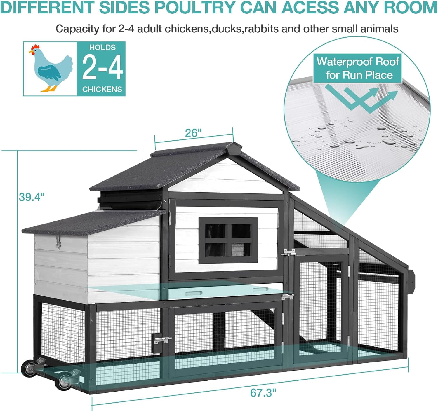 MEDEHOO Chicken Coop, Mobile Chicken House with with Wheels, Outdoor Hen House Poultry Cage with Nesting Box, Leakproof Pull Out Tray and UV-Resistant Roof,Rabbit Hutch Duck Coop (Black)