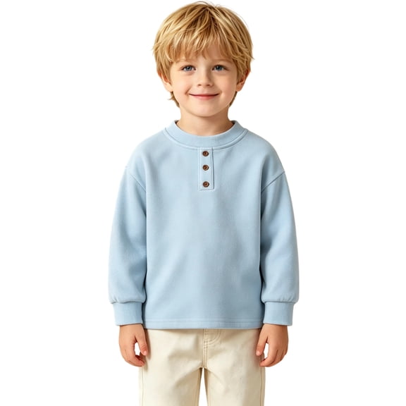 Bobifish Toddler Boys Long Sleeve Crewneck T‑Shirt Henley Button Placket Fleece Top
