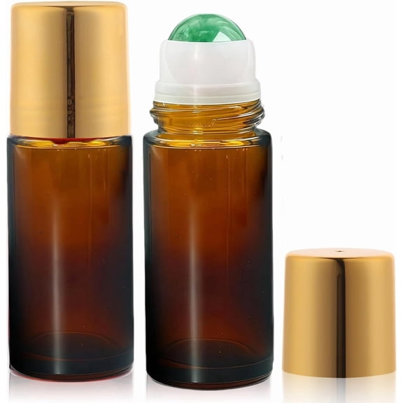 2 Pack Green Aventurine Roller Bottles for Essential Oils, 50ml Refillable Amber Glass Roll On Bottles with Natural Crystal Roller Balls, Leak-Proof Travel Perfume Bottle with Gold Caps