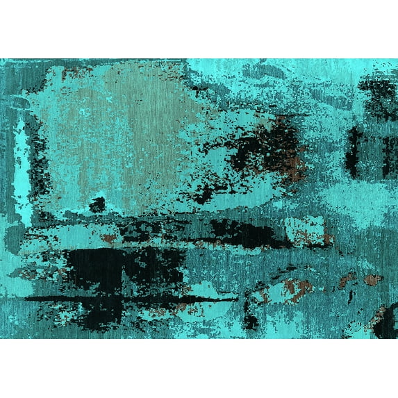 Ahgly Company Machine Washable Indoor Rectangle Oriental Turquoise Blue Industrial Area Rugs, 7' x 9'