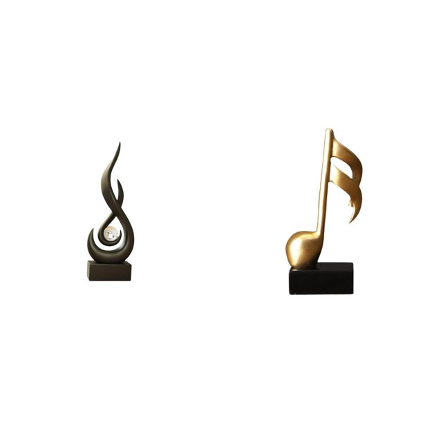 Escultura de resina con forma de nota musical . Figura abstracta de fuego. Adorno de mesa de arte moderno. Pieza para sala d