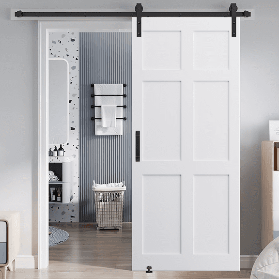 28" x 84" Six Paneled Real Primed Door Slab & 6.6FT Barn Door Sliding Hardware & Adjustable Floor Guider & Pull Handle, DIY Unfinished Paneled Door, Modern Interior Barn Door, Water-proof B5A9439