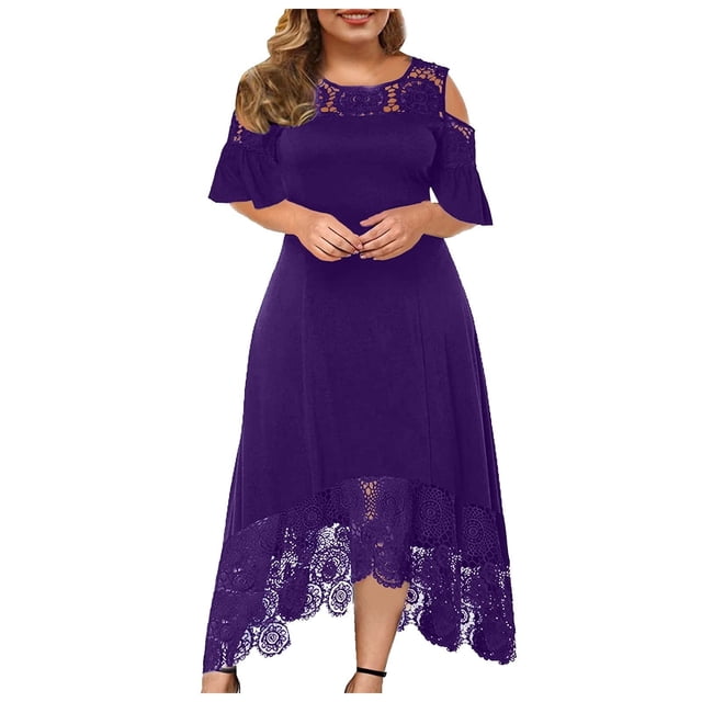 LSLJS Plus Size Women Sexy Ruffle Strapless Splicing Lace Splicing Short Sleeve Dresses, Plus Size Dress
