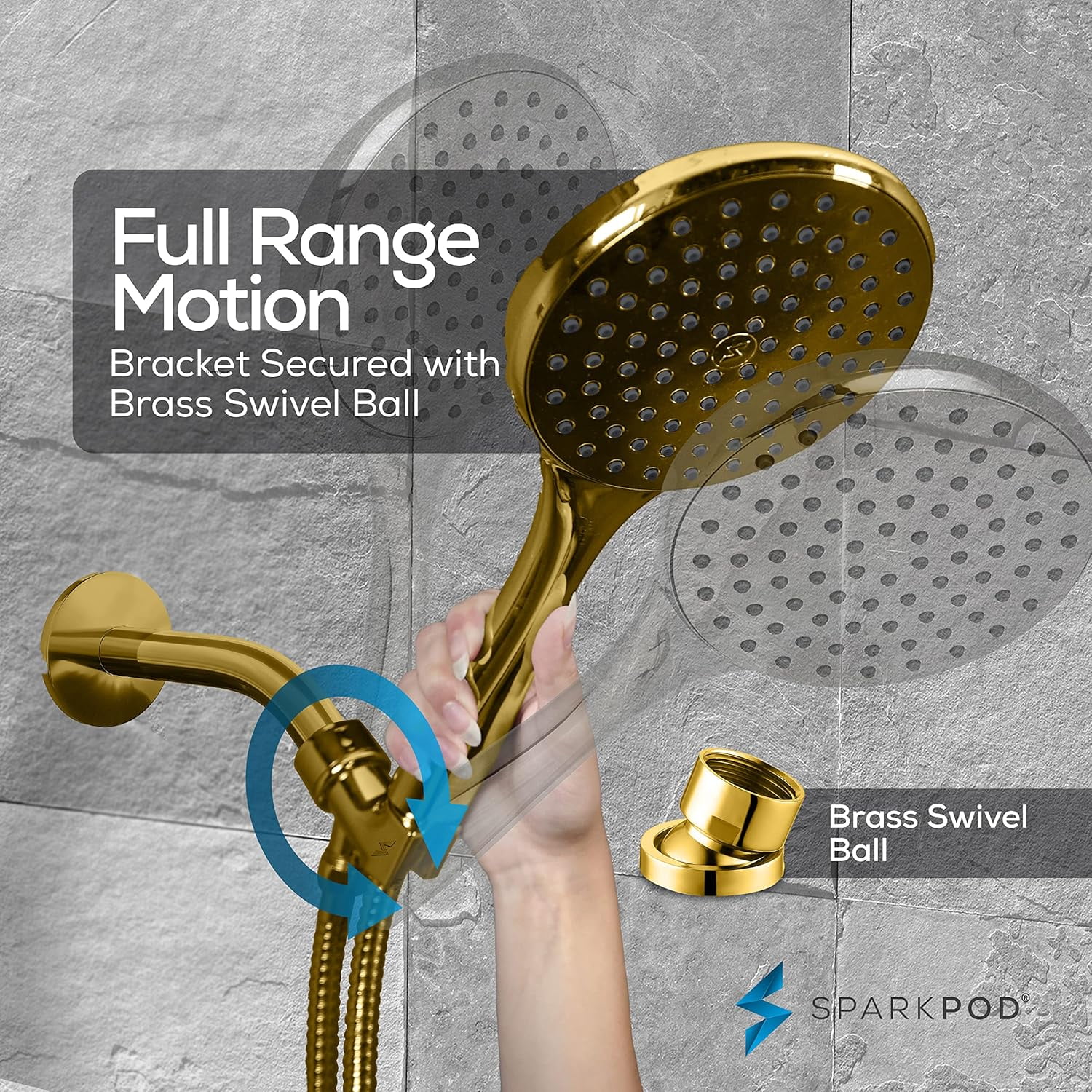 SparkPod Rainfall Shower Head with Handheld - 6-Inch Head, 6ft Hose, Adjustable Bracket (Egyptian Gold)