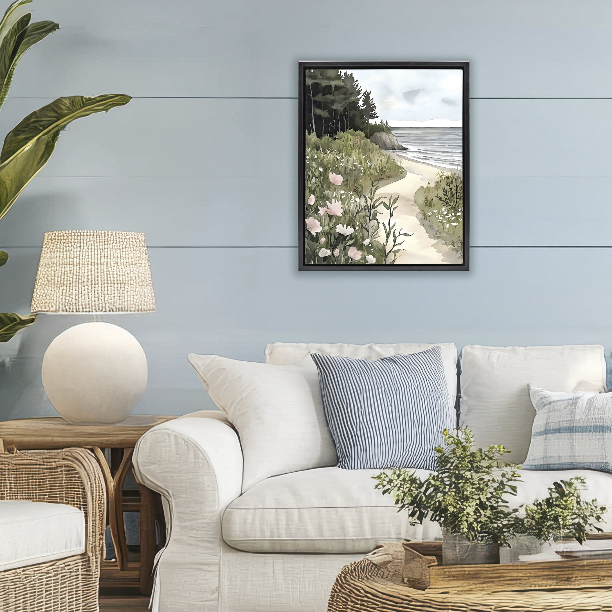 Stupell Industries Coastal Calm Floral Pathway Black Framed Floater Canvas Wall Art, design by Riley B