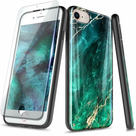 For iPhone 8 Plus Case, iPhone 7 Plus / iPhone 6s Plus / iPhone 6 Plus with Tempered Glass Screen Protector, Ultra Slim Thin Glossy Stylish, Gold Glitter Marble Design Phone Cover - Emerald