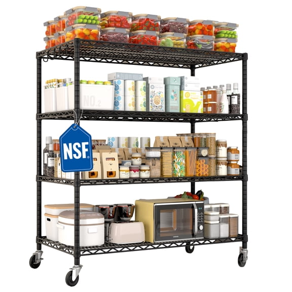 TrumanPick 55.5"W x 24"D x 76"H Heavy Duty Storage Shelves - 2400LBS Garage Shelving with Wheels & Feet, 4-Tier Adjustable Metal Wire Shelving Unit for Pantry Kitchen Commercial Industrial, Black