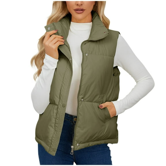 TFEOQRY Women's Winter Thermal Vest Casual Solid Color Round Neck Tank Top with Pocket Loose Sleeveless Parkas Top Olive Green