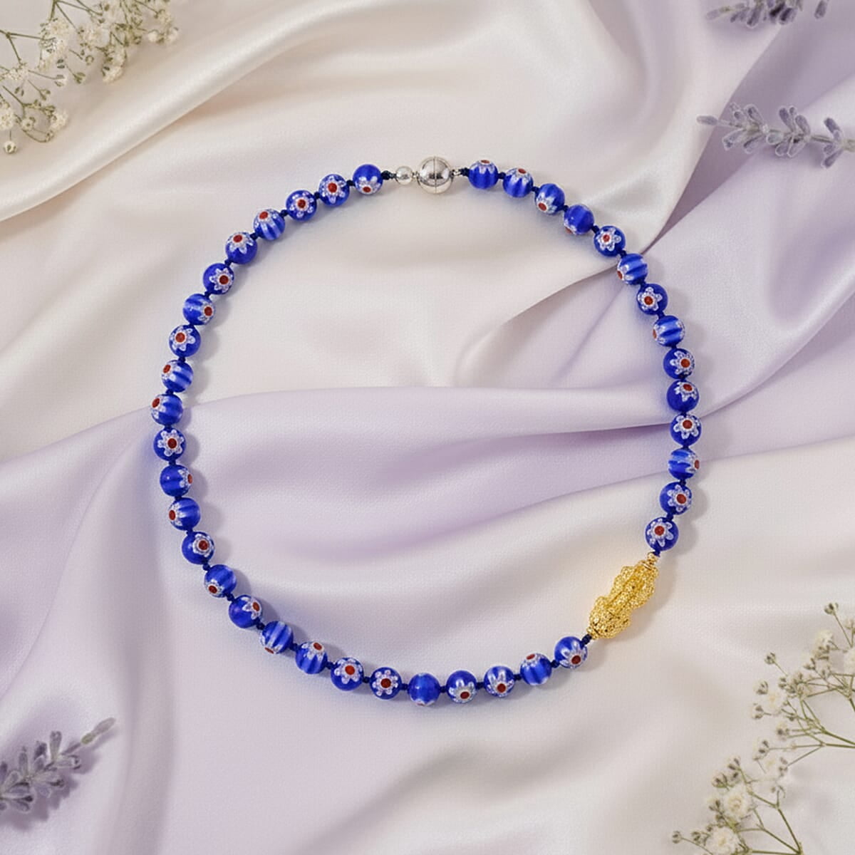 Blue Color Murano Style Beaded Necklace with Pixiu Charm in Goldtone 20 Inches