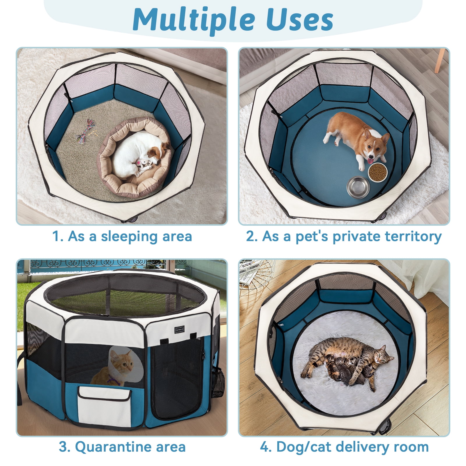PETSFIT Portable Dog Playpen,36" Dog Play Pen Indoors with Removable Waterproof Mat & Zippered Roof | RV, Camping, Travel Dog Pen | Whelping & Cat Observation Space,Blue