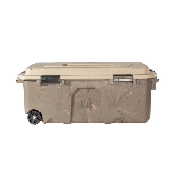 Realtree® WEATHERMAX™ 31 Gallon Marbled and Tan Wheeled Storage Tote with Latching Lid, Heavy Duty Plastic Storage Bin