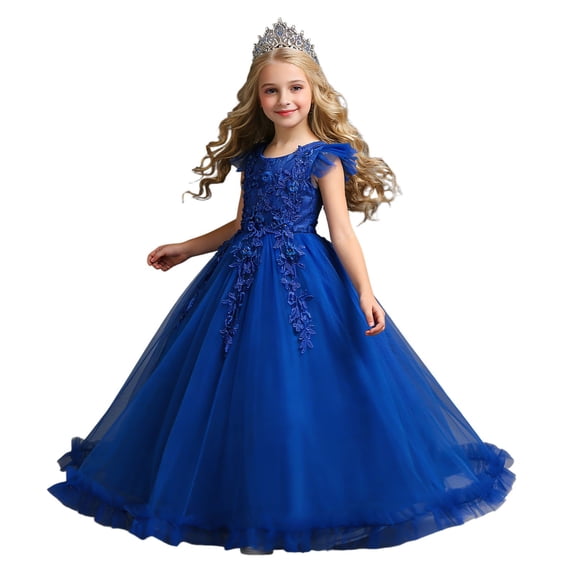 FYDUU Flower Girl Dress Girls Dresses Tulle Long A-Line Holiday Birthday Party Gown Formal Pageant Maxi Dresses Holiday Performances 6-7 Years