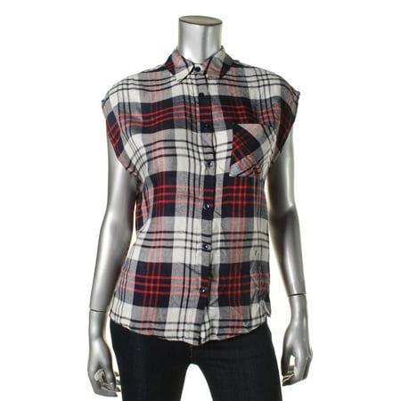 WAYF Womens Plaid Cap Sleeves Button-Down Top