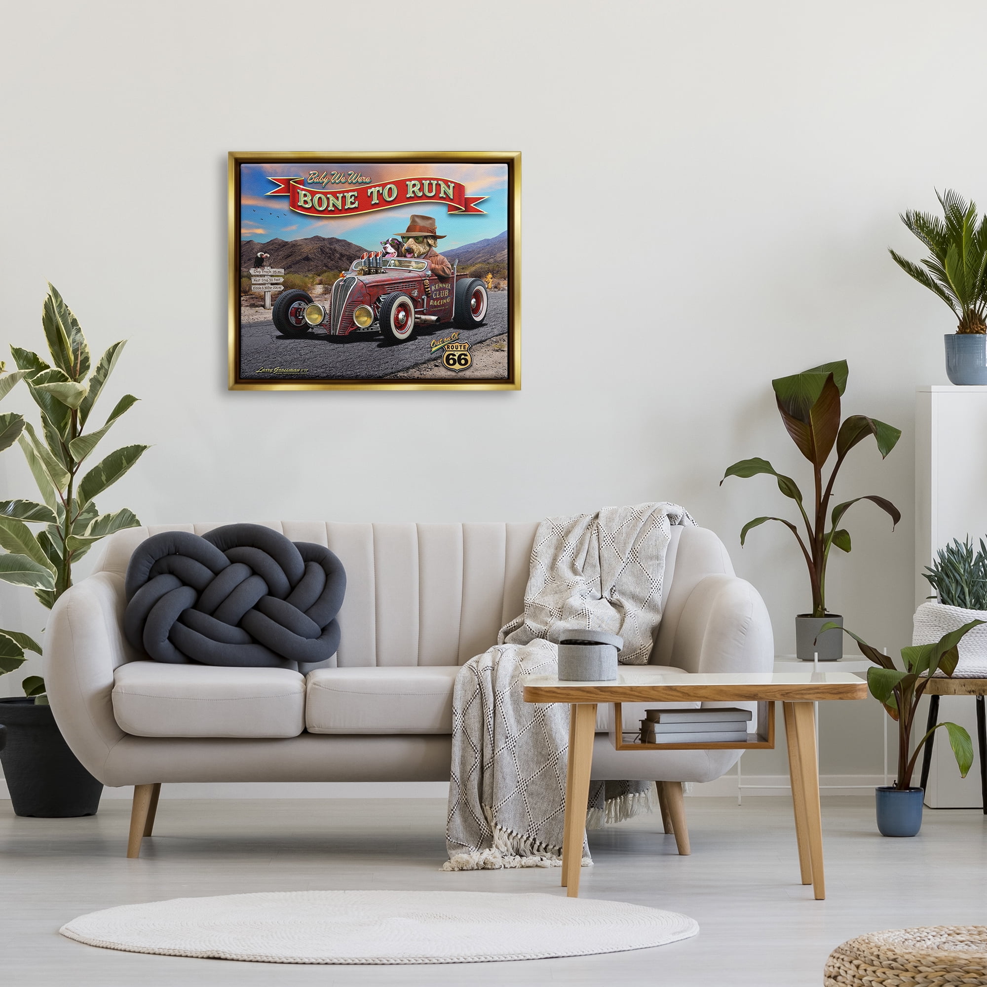 Stupell Industries Bone to Run Dogs Transportation Painting Gold Floater Framed Canvas Art Print Wall Art, 31 x 25