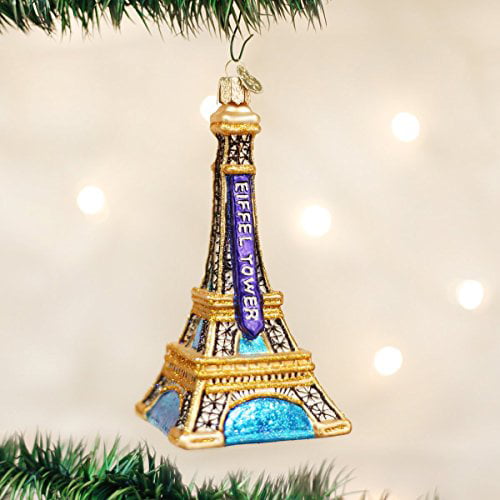 3" Blown Glass Eiffel Tower Ornament ~Silver Blue Color with Silver Glitter 