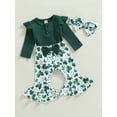 thumbnail image 4 of Musuos Baby Girl Spring Outfit 3 6 12 18M Solid Color Long Sleeve Crew Neck Romper Green Clover Print Flare Pants Bow Headband 3Pcs Set, 4 of 10