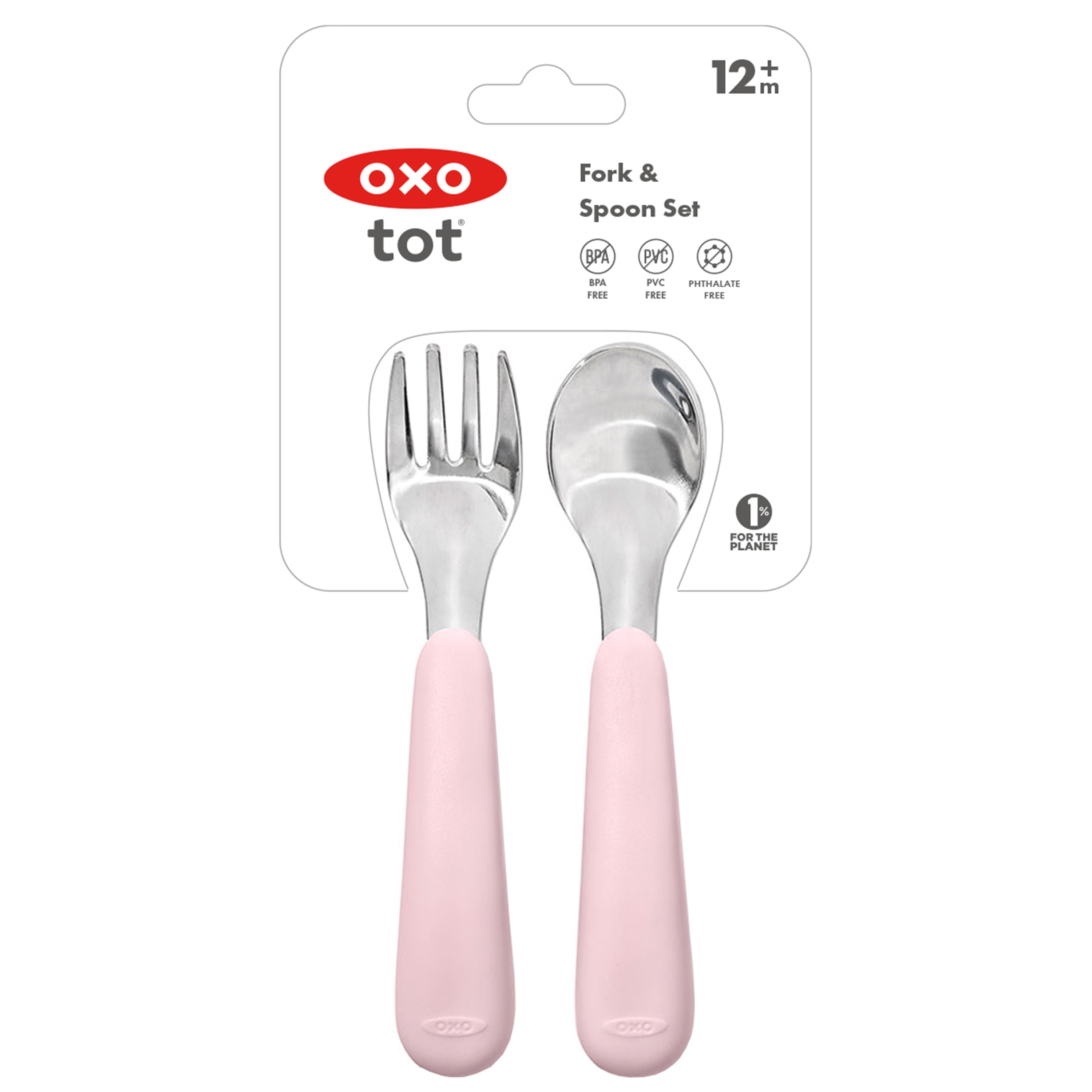 OXO Tot Toddler Stainless Steel Fork and Spoon 2 Piece Set for 12+ Months, Blossom