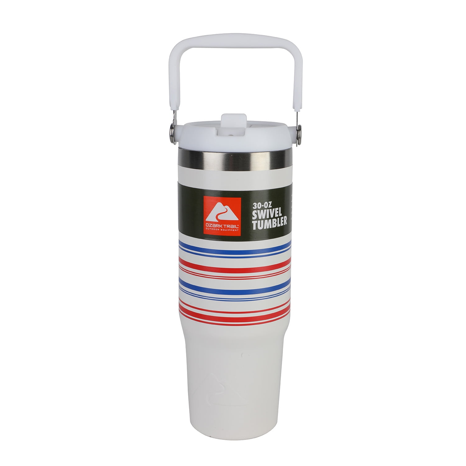 Ozark Trail 30 oz Stainless Steel Insulated Swivel Tumbler, White with Red and Blue Stripes