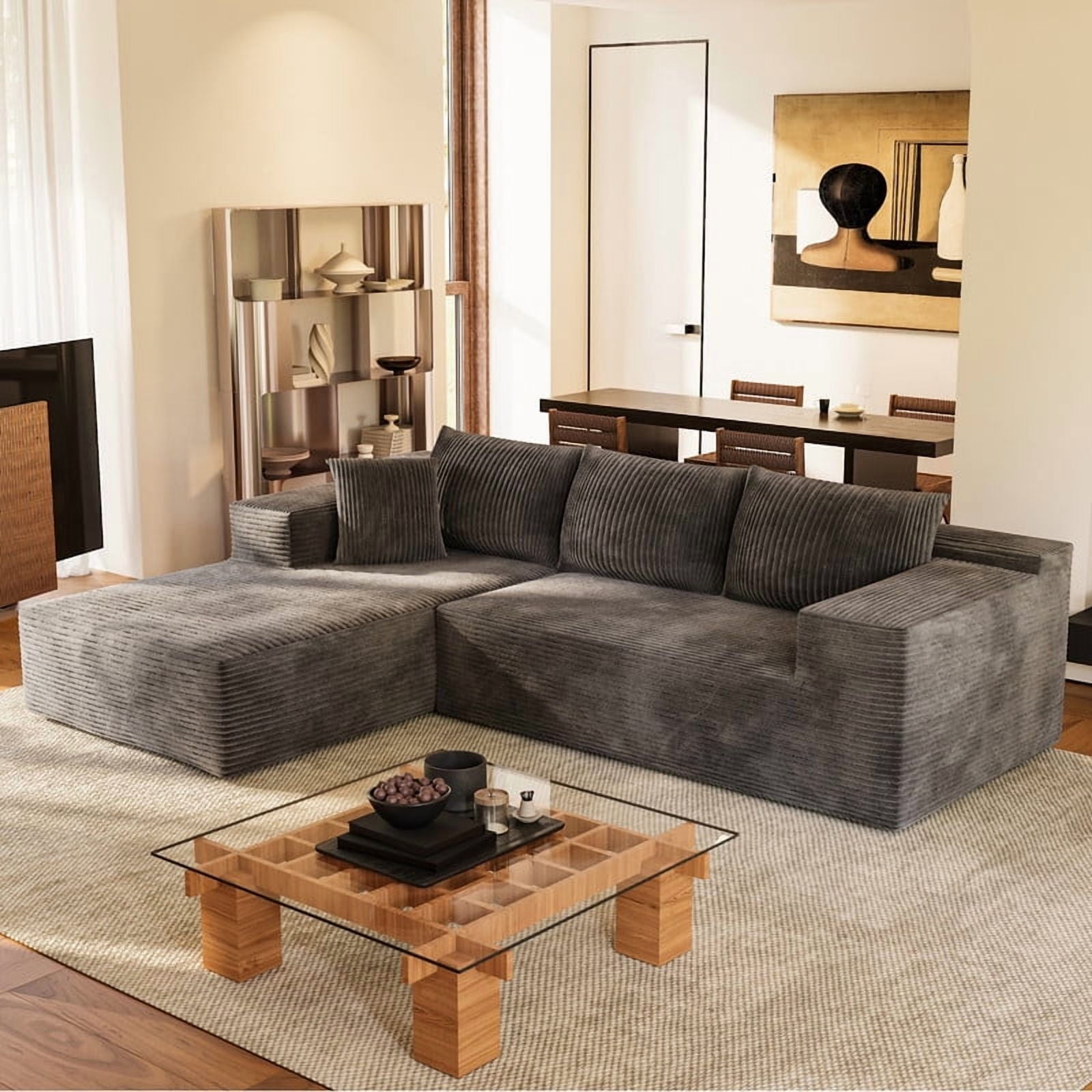 Furmax 108" L-Shape Boneless Chaise Sectional Sofa Cloud Couch Sectional Corduroy Couch Set with Deep Seat for Living Room,Corduroy Gray