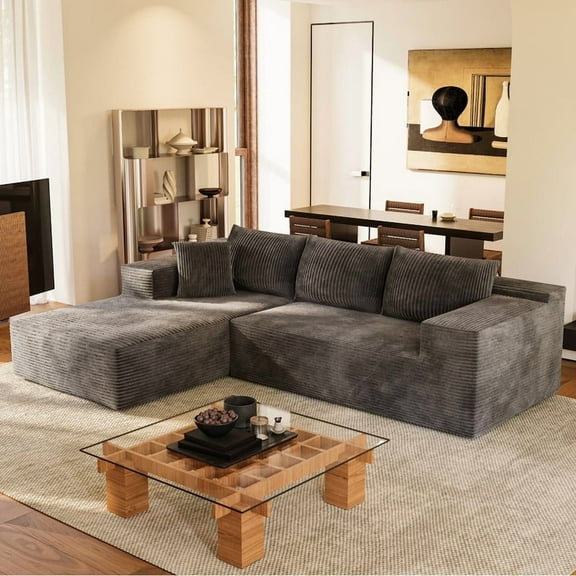 Furmax 108" L-Shape Boneless Chaise Sectional Sofa Cloud Couch Sectional Corduroy Couch Set with Deep Seat for Living Room,Corduroy Gray