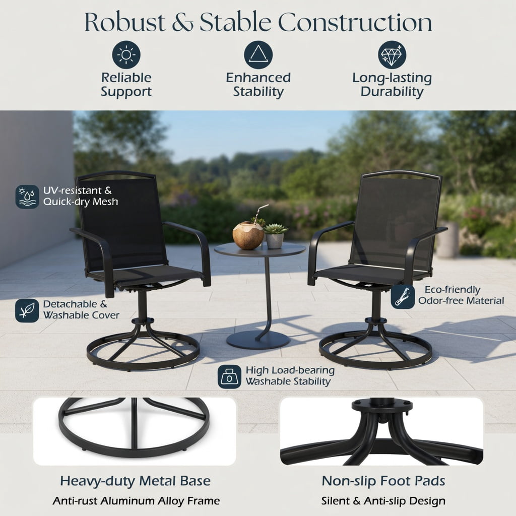 Hommoo 2-Piece Outdoor Swivel Chairs Set, High-Back, Breathable Mesh Seat, 360° Rotating & Gentle Rocking, Powder-Coated Metal Frame, Black