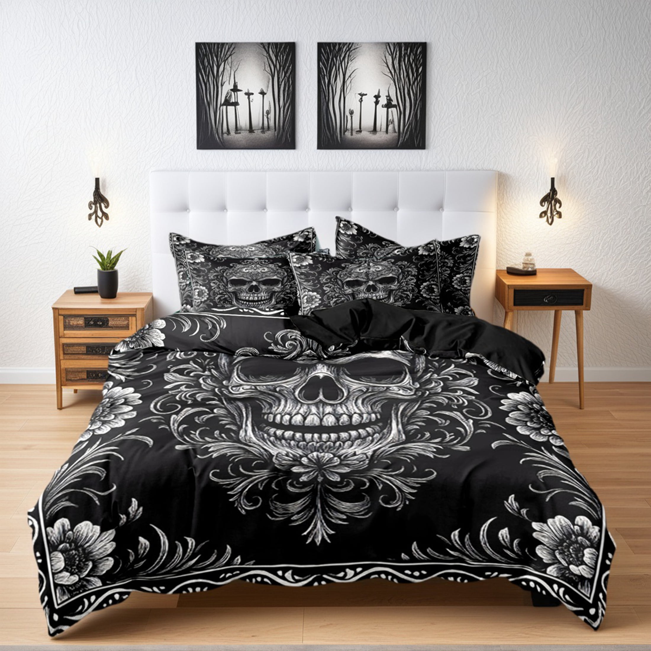 Orylavena Gothic Romantic Skull Microfiber Duvet Cover Set, Black Back, Twin
