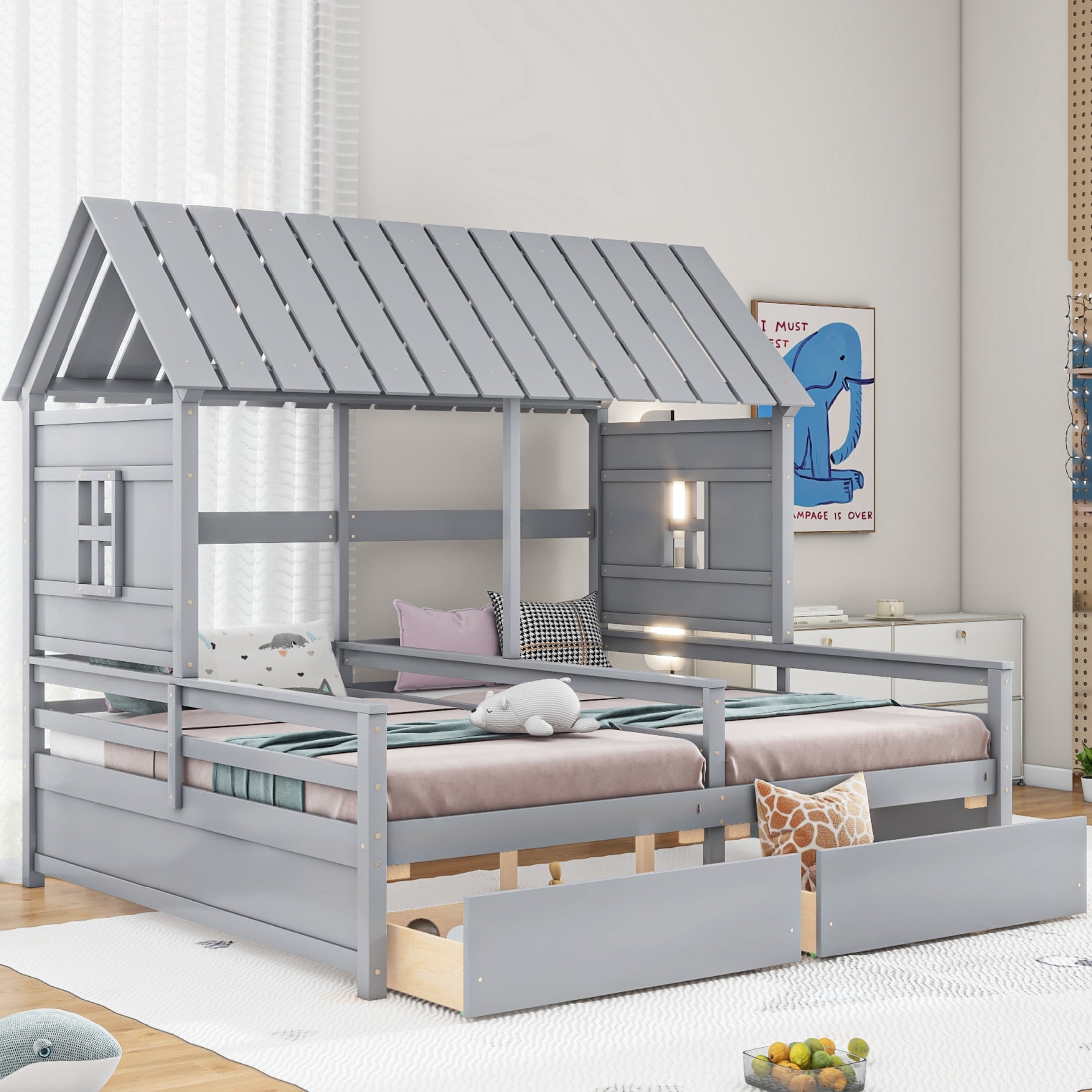 Noble House Junton Dual Twin Size House Platform Bed for Shared Rooms, 2 Side-by-Side Beds with Drawers, Gray