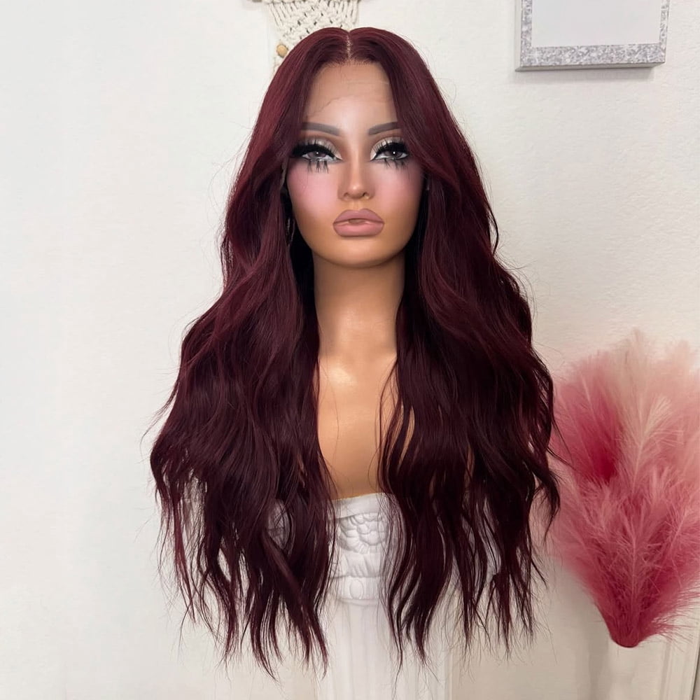 13x4 Lace Front Wig Burgundy Pre Plucked Natural Wave Synthetic Wigs for Women 26inch Beginner Friendly
