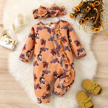 

NIUREDLTD Boys Girls Long Sleeve Cartoon Prints Ruffles Romper Jumpsuit Headbands Set