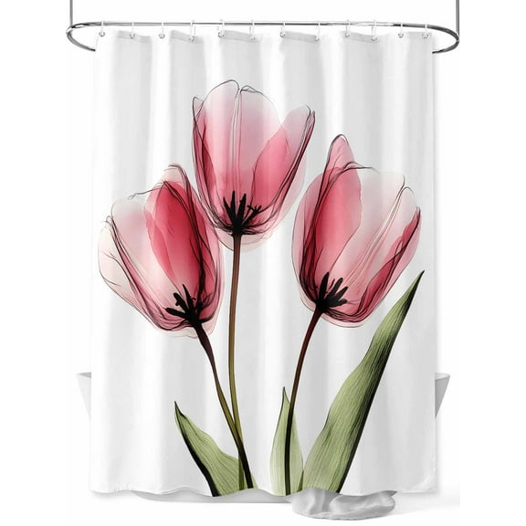 Pink Tulip Shower Curtain, Image Flower Abstract Transparent Floral Waterproof Shower Curtain Set with 12 Hooks Lightweight Washable Fabric Shower Curtains for Bathroom 48x72 Inches