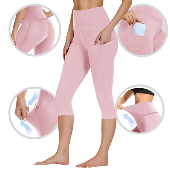 Oiangi Women's Capri Leggings with Pockets Yoga Capris Stretchy High Waist Workout Bottoms Skinny Cropped Trousers Pink 3XL