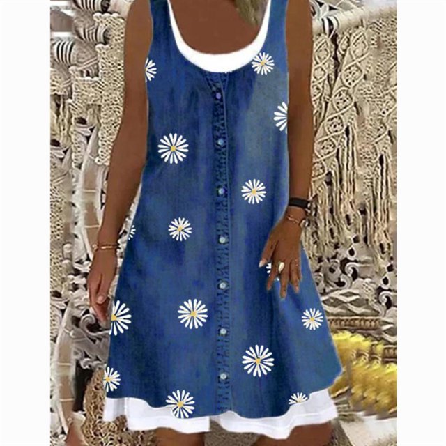 Women's A-Line Dress Sleeveless Spring Summer Casual Patchwork Print Knee Length Dress Fashion 3D Printing Denim Print Dress6XL Gao Jinjia LED