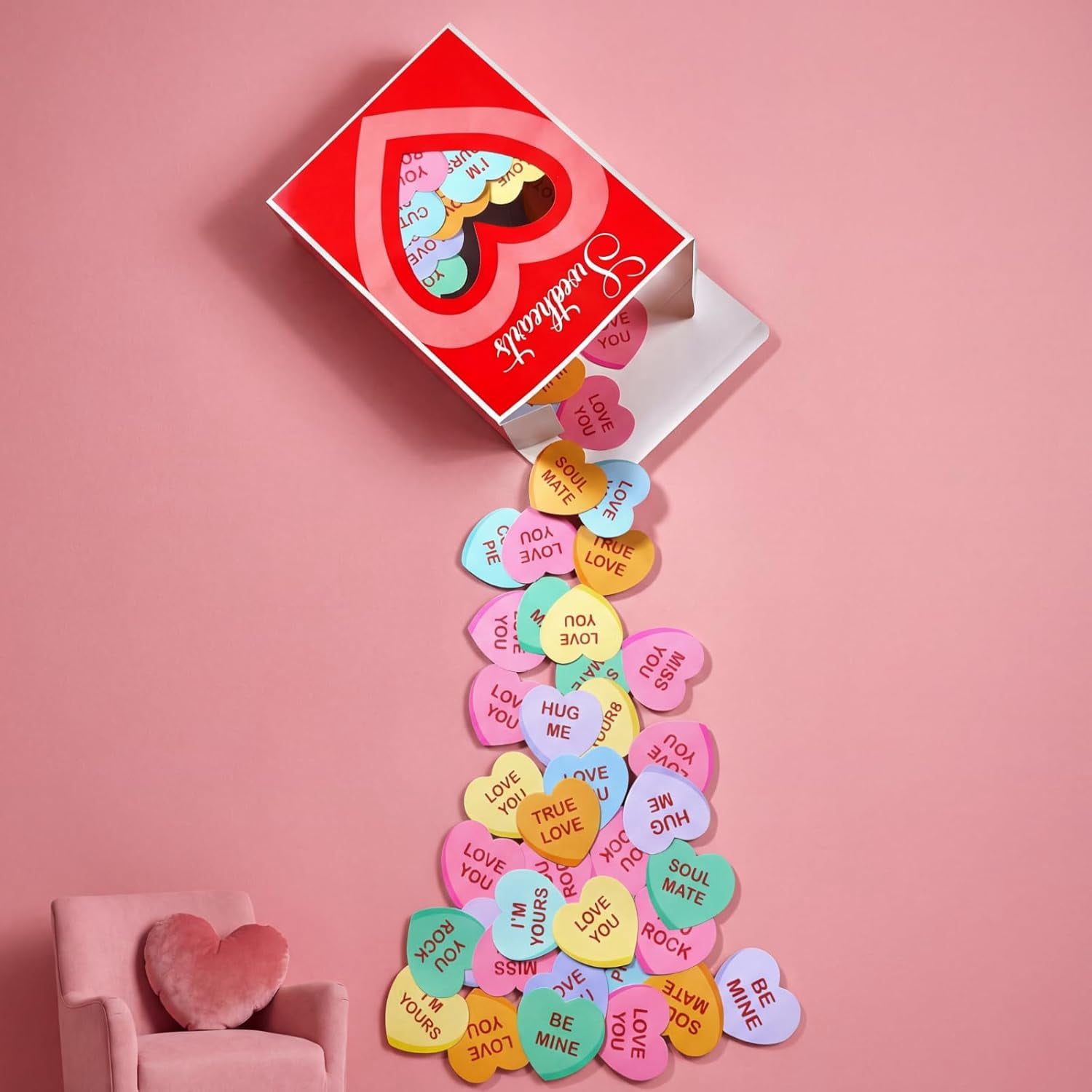 49 PC Valentine's Day Wall Stickers 3D Sweetheart Box with Conversation Heart Stickers Valentine's Day Bulletin Board Decoration Love Wall Decals for Classroom Home Wedding Romantic Decor