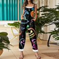 thumbnail image 5 of Halloween Jumpsuits for Women Linen Spaghetti Strap Overalls Floral Print Loose Sleeveless Romper for Party, 5 of 5
