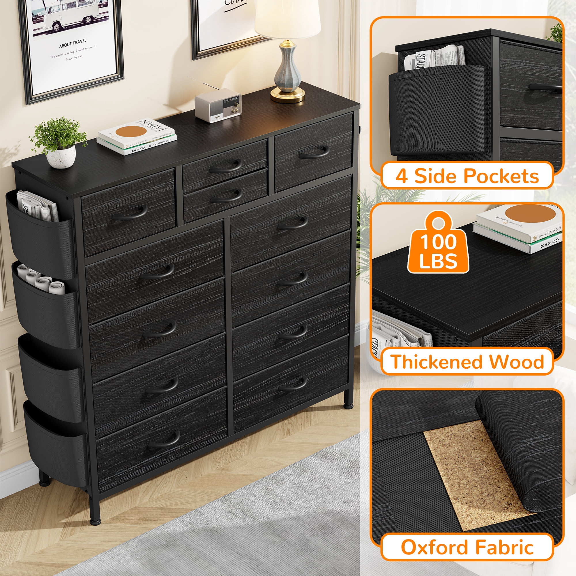 LainTene 12 Drawers Dresser for Bedroom, Fabric Closet Chests Organizer Tower Furniture with Wooden Top Metal Frame for Clothes, Room, Living Room, Hallway，Black
