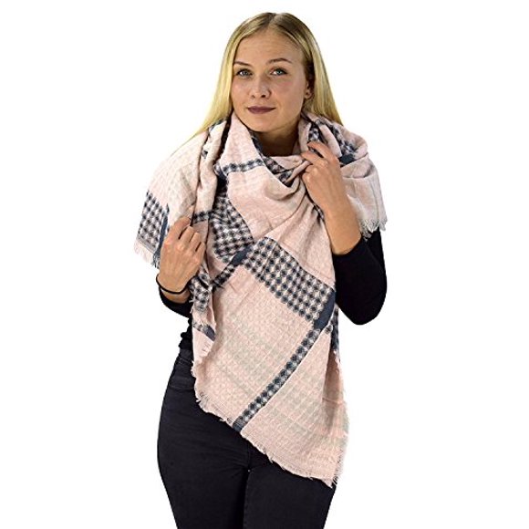 Peach Couture Warm Tartan Plaid Woven Oversized Fringe Scarf Blanket Shawl Wrap Pink Navy