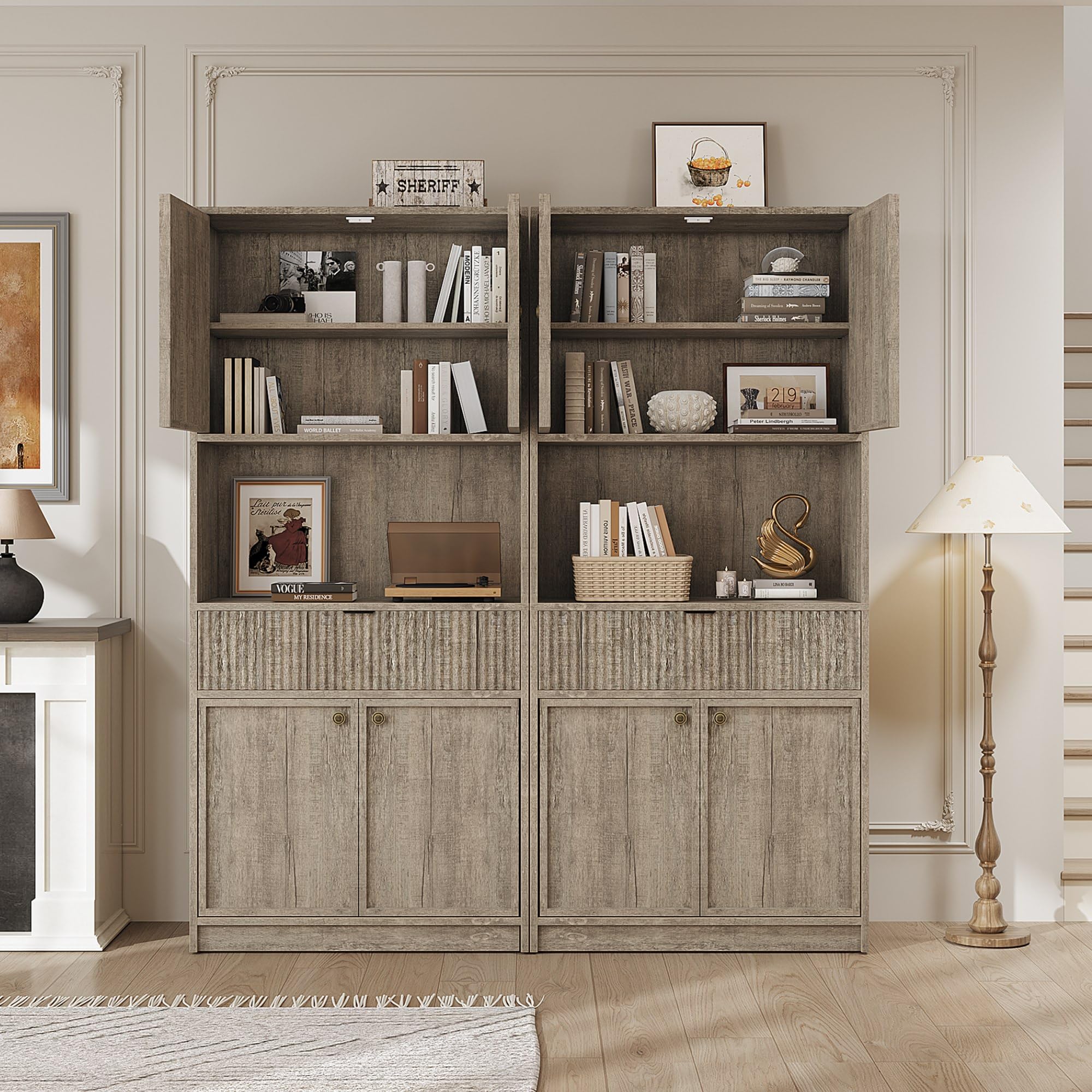 Huisuilinss Fluted Pantry Cabinet,Kitchen Pantry Cabinet,70" Tall Pantry Storage Cabinet With Countertop,Kitchen Hutch Cabinet With Doors And Drawer,Freestanding Cupboard For Dining Room Living Room