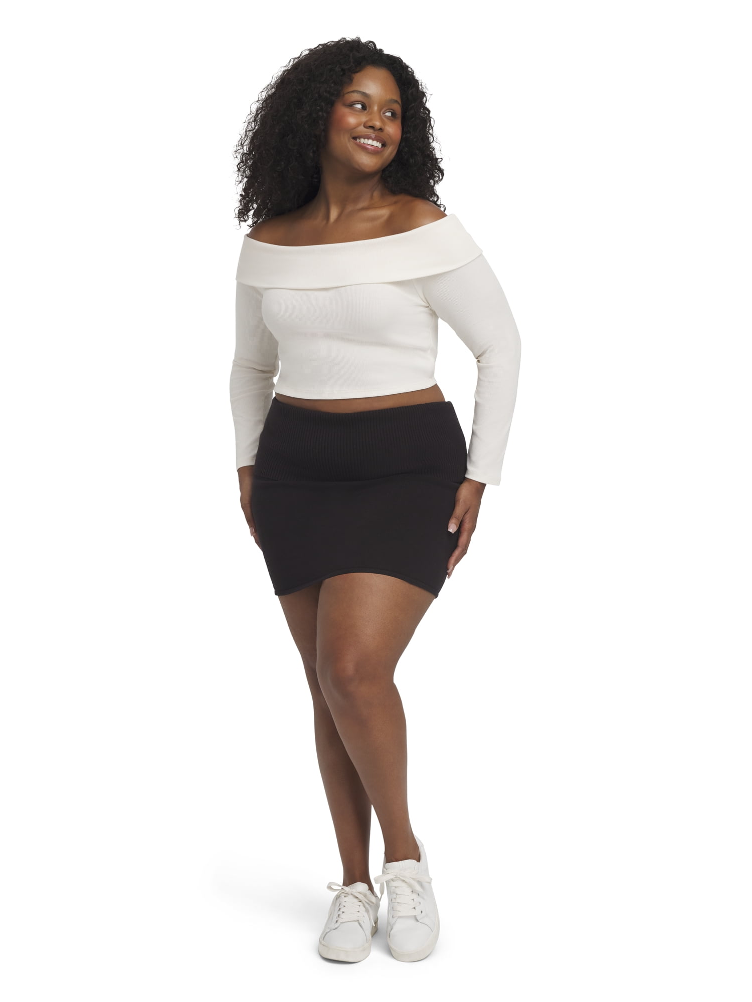 Mills by Millie Bobby Brown Women's Ribbed Off the Shoulder Long Sleeve Sweater, Sizes XXS-XXL
