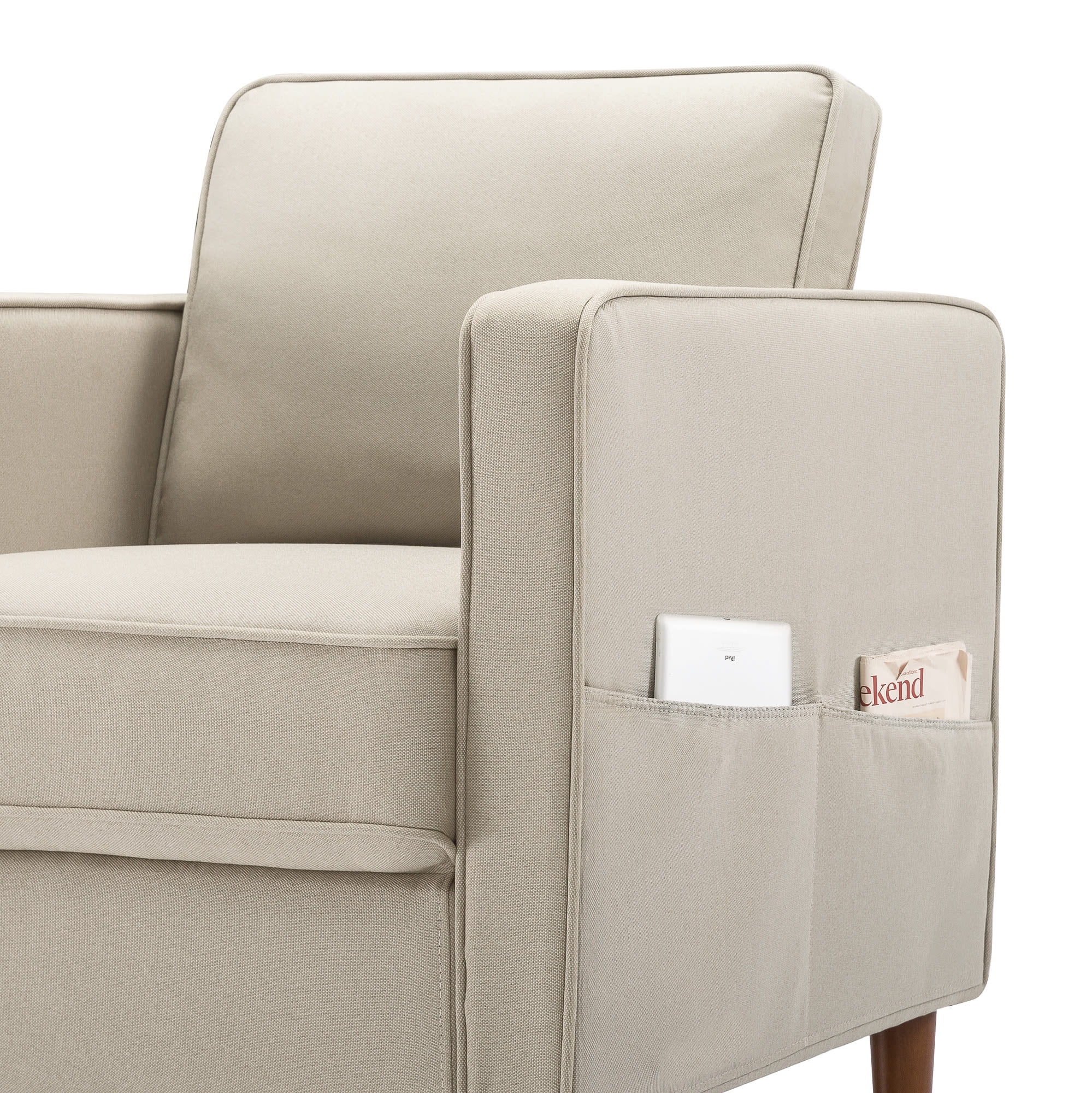 Mellow Hana Modern Fabric Armchair with Armrest Pockets, Sand Gray Beige