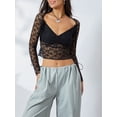 thumbnail image 5 of Musuos Women Crop Lace Tops See-Through Long Sleeve V Neck Basic Shirt Casual Pullover, 5 of 9