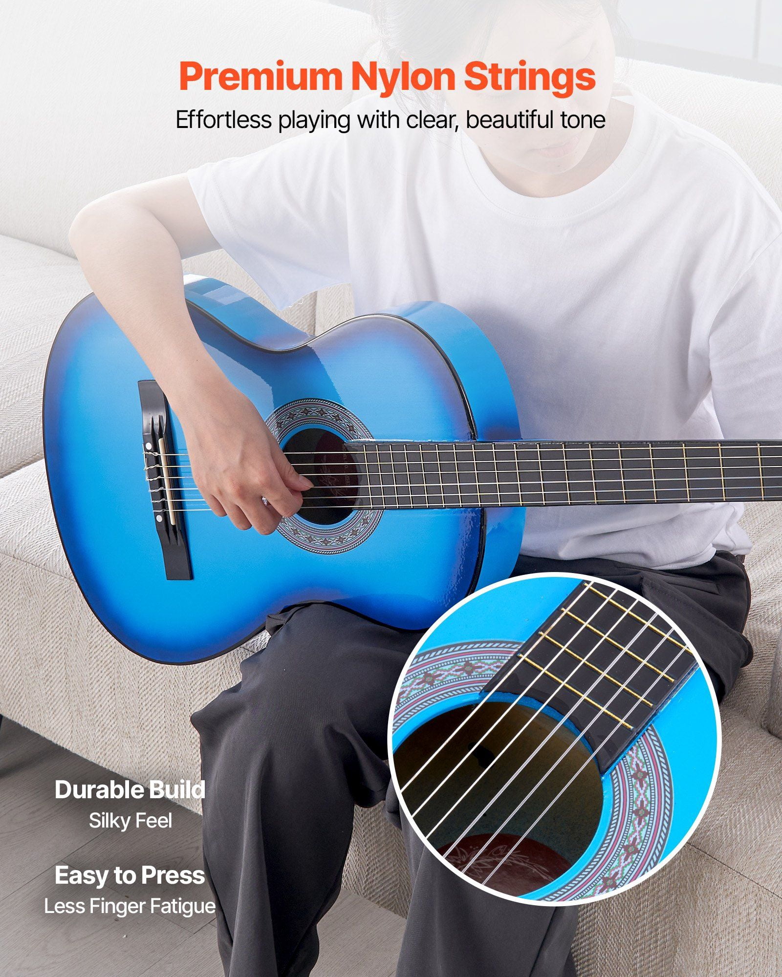 Classical Guitar 38 Inch Beginner Kit with Nylon Strings Gig Bag Strap Tuner Extra Strings Picks Capo Basswood Blue for Teenagers Adults Students