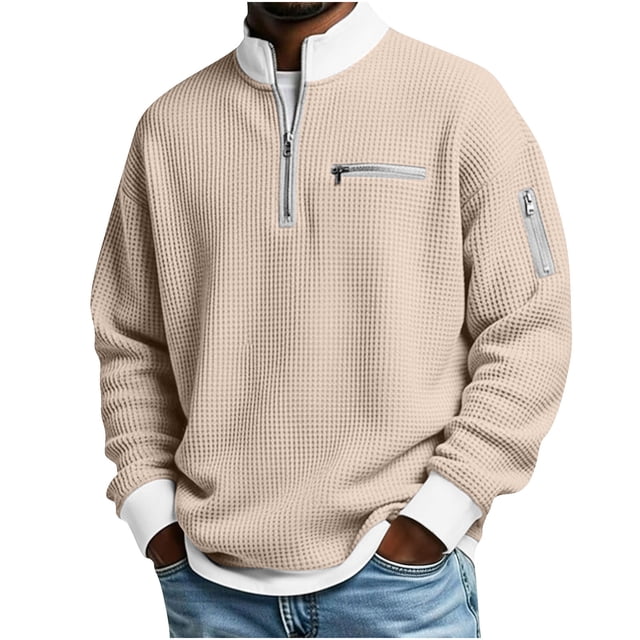 Ceisia Mens Long Sleeve Quarter Zip Pullover Sweater Waffle Knit Mock Neck with Pockets Beige XL Gift