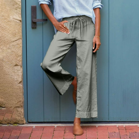 IDALL Linen Pants Women Petite Pants Womens Daily Elastic Waist Pockets Straight Solid Color Casual Pants Loose Long Trousers Lounge Pants Women Summer Pants Army Green L