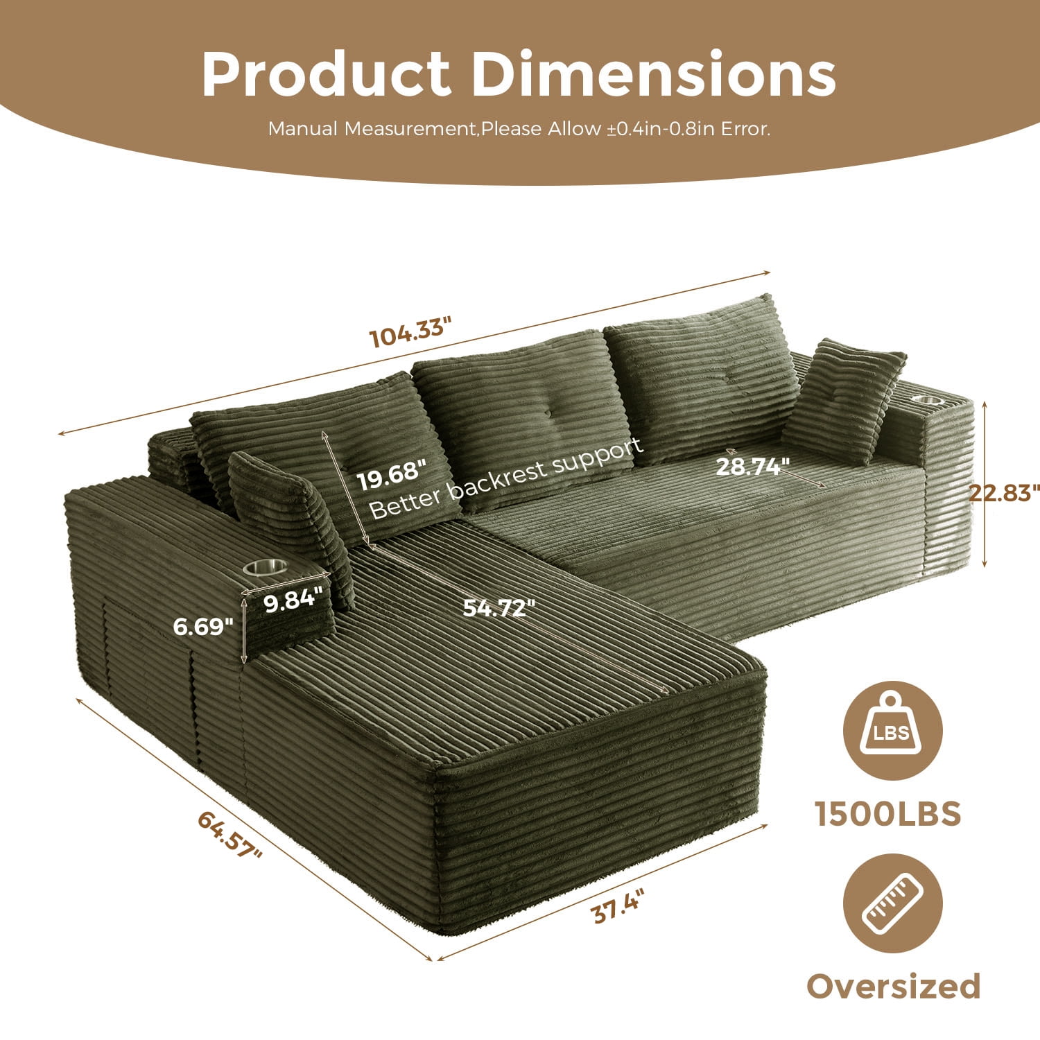 BYBYME 104" Cloud Sectional Couch with L-Shape Chaise Modern Comfy Modular Plush Corduroy Sofa for Living Room,No Assembly Required,Left Facing Chaise,Green