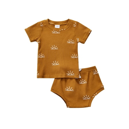 

Suanret Toddler Baby Girls Boys 2Pcs Clothes Sun Print Short Sleeve Knitted Ribbed T-Shirts+Elastic Waist Shorts Ginger 12-18 Months