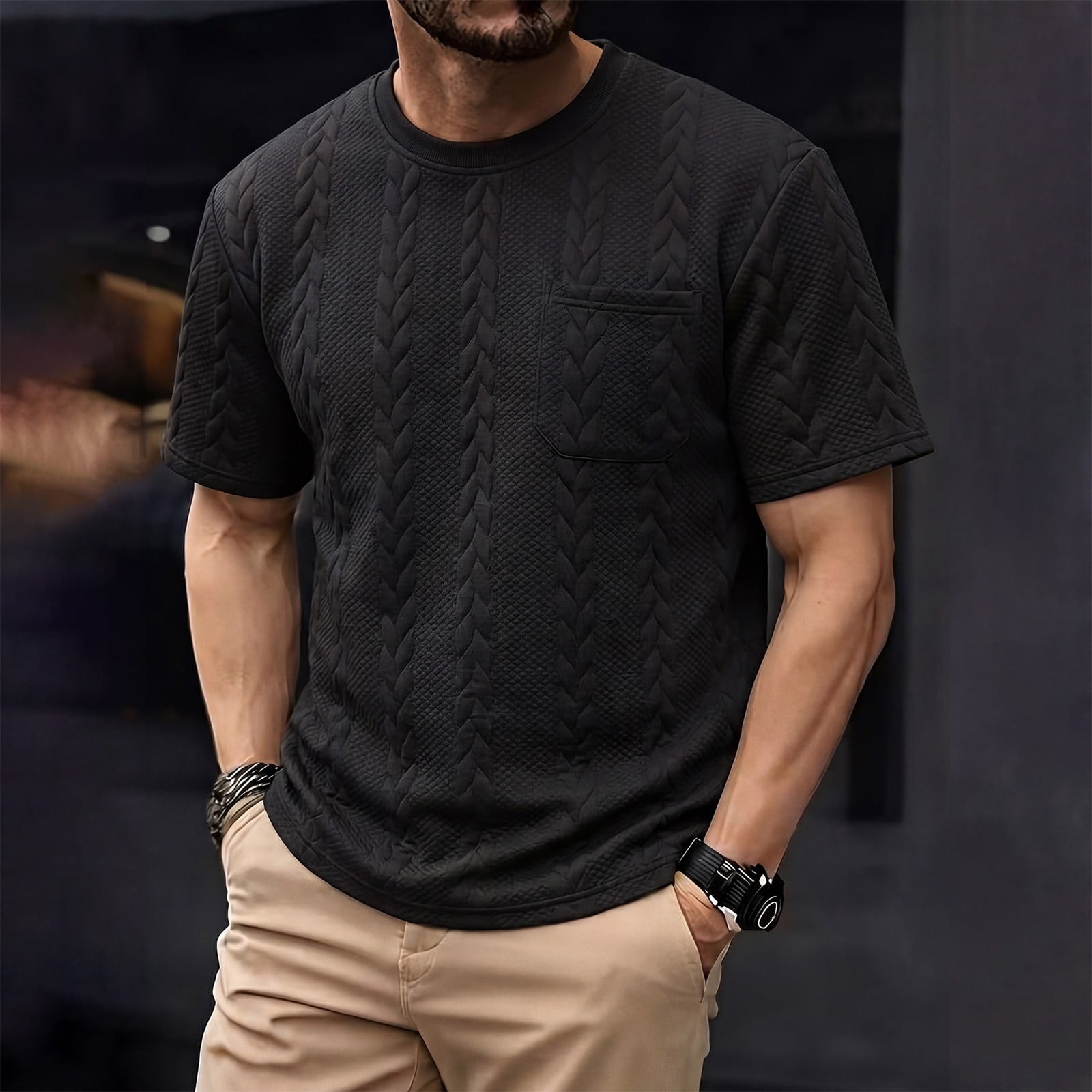 Qiyinn Mens Knit Short Sleeve T Shirts Casual Crewneck Slim Fit Shirt Cable Knitted Stretch Pullover Tees